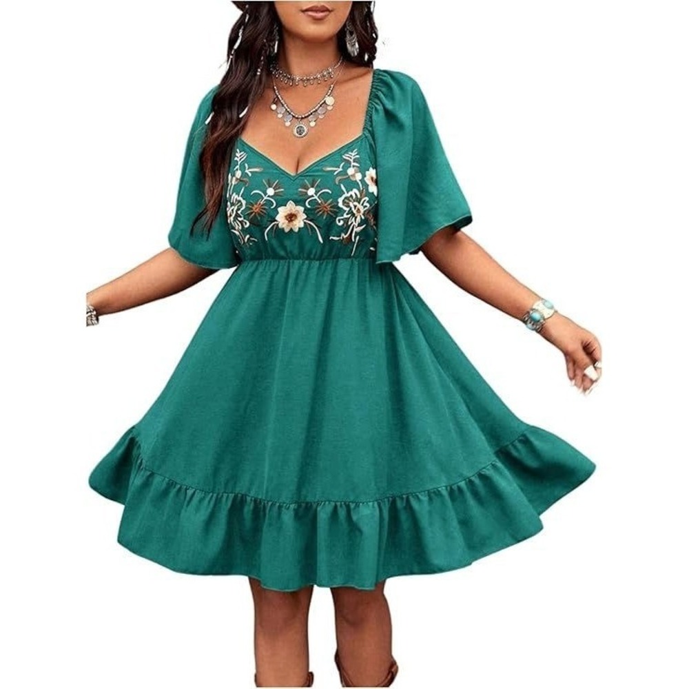 Floerns Women's Short Flounce Sleeve Embroidery Western A-Line Dress - Green - L